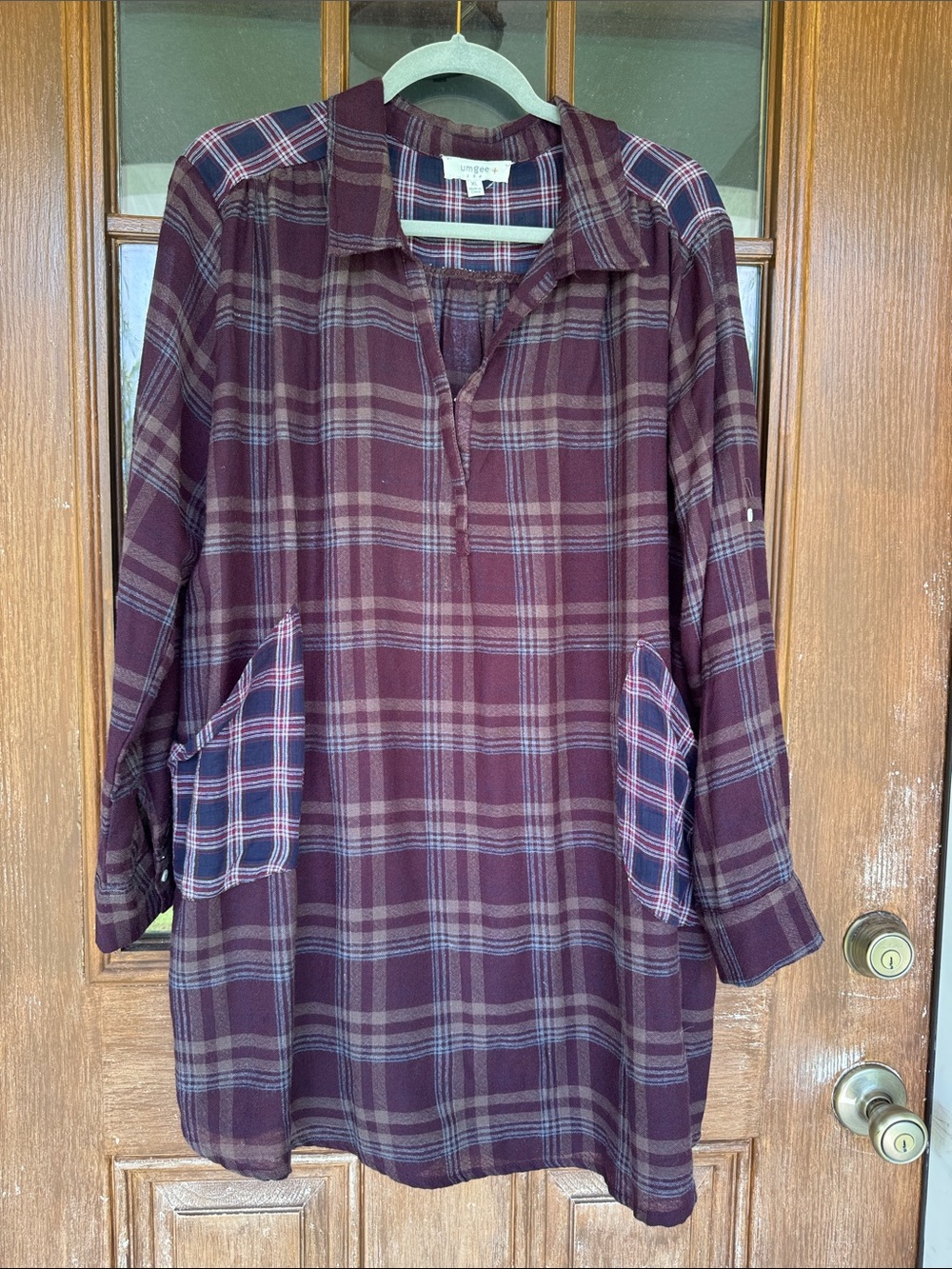 Umgee Burgundy Plaid Long-Sleeve Tunic Top
